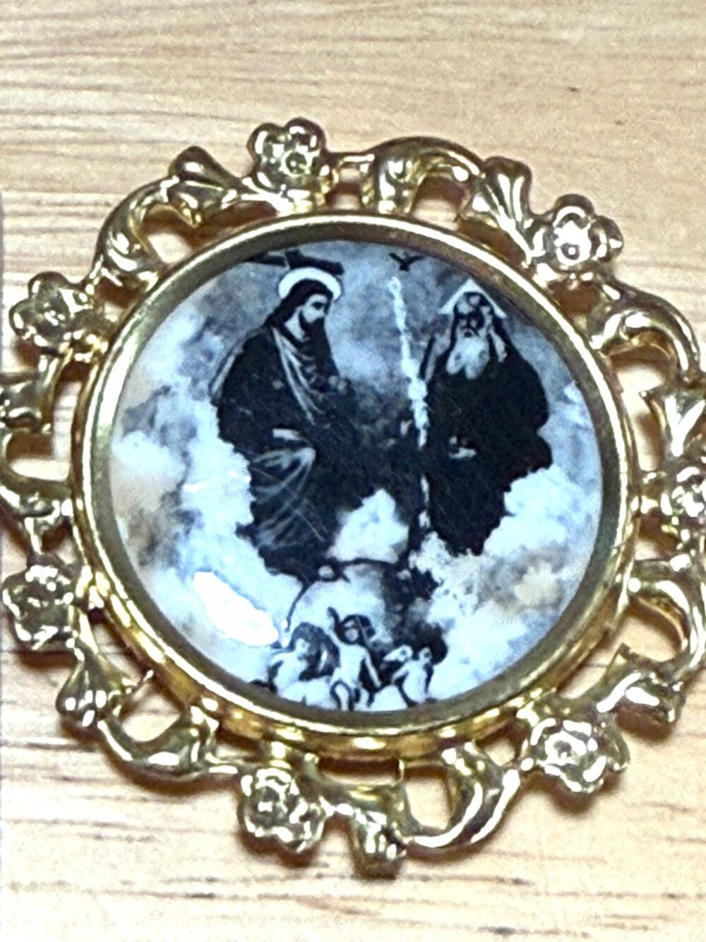Vintage Old Holy Trinity Religious Pin Brooch Gold Filigree Pinback
